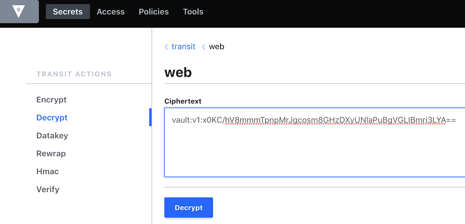 Vault Encryption as a Service decrypt value